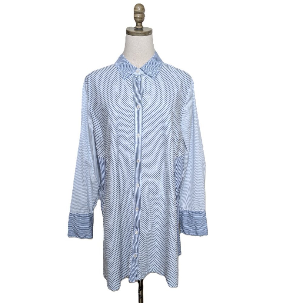 Chicos Fit & Flare Striped Tunic Shirt Size 16/18 3 Blue White Button Up Pockets